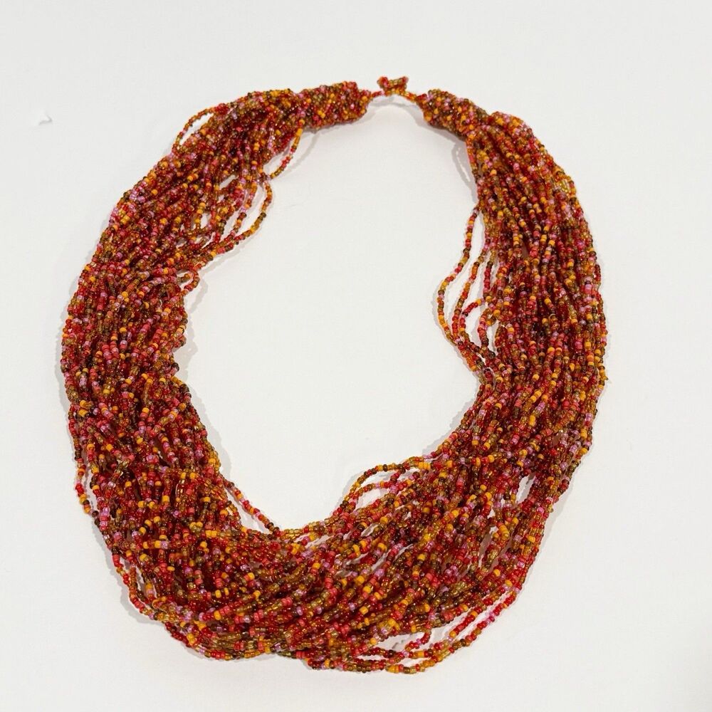 Vtg Necklace red and orange seed beads 30 strands 20 in long crocheted ends - Picture 7 of 8